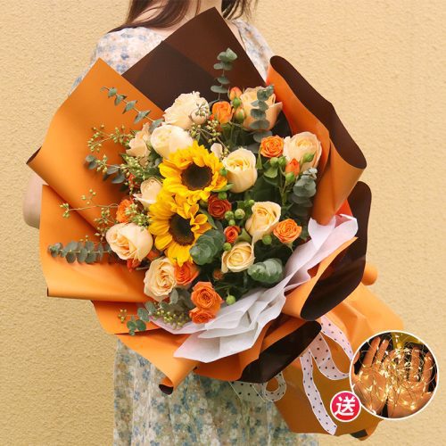 阳光活力橙 · 向日葵与香槟玫瑰花束
