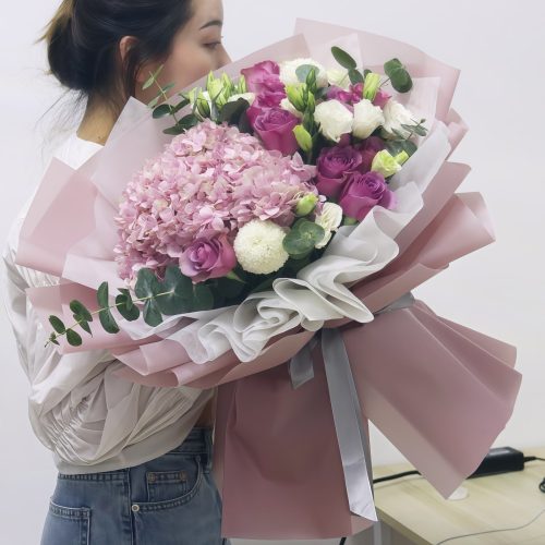 11 Purple Roses & Pink Hydrangea Bouquet – Dreamy Moonglow Purple Roses & Pink Hydrangea Bouquet | Dreamy Moonglow Floral Arrangement