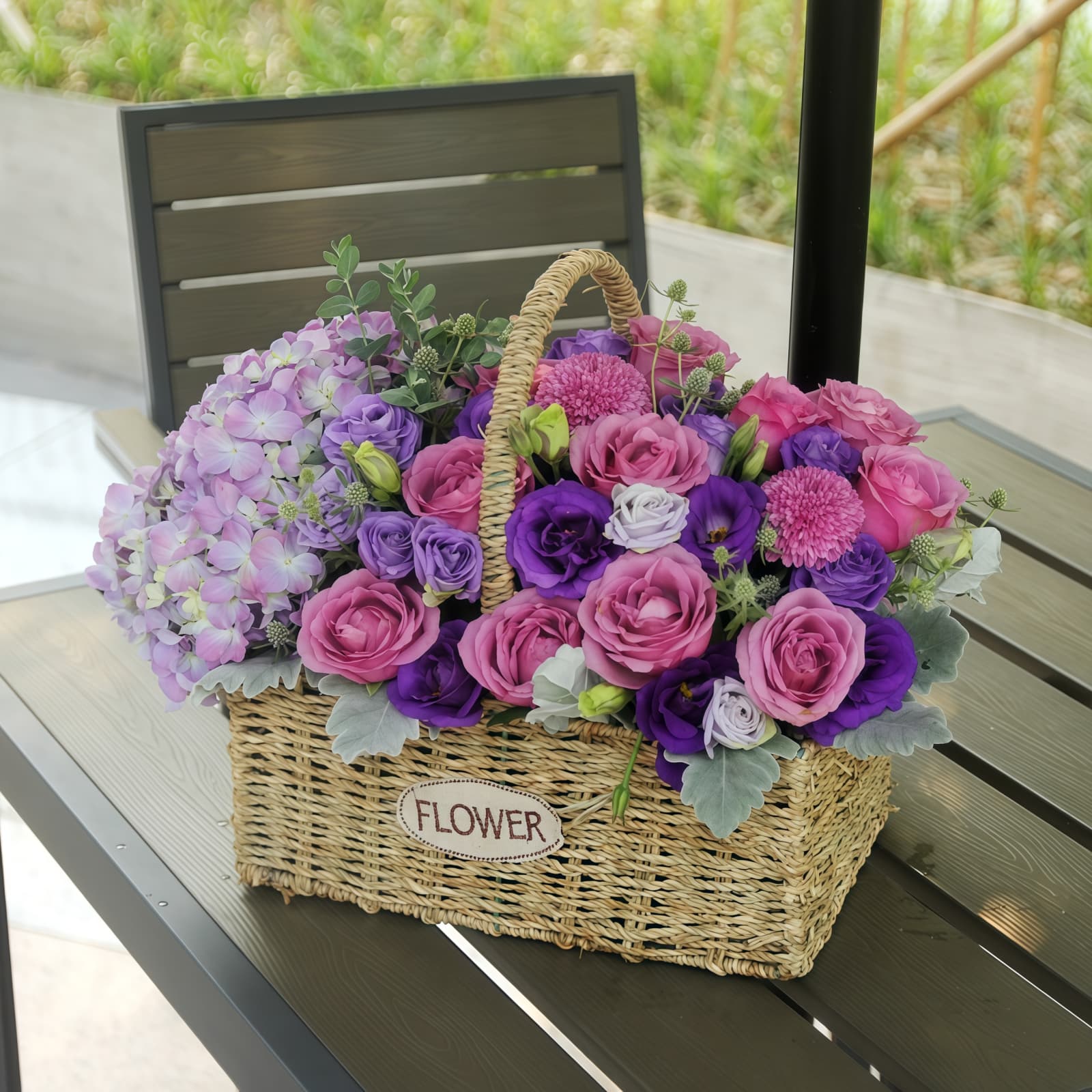 19 Ocean Song Roses Basket – Timeless Grace Ocean Song Roses & Hydrangea Flower Basket | Elegant Floral Gift