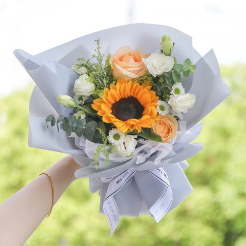 1 Sunflower & 2 Champagne Roses Bouquet (Set of 2) – Golden Radiance Sunflower & Champagne Roses Bouquet (Set of 2) - Golden Radiance