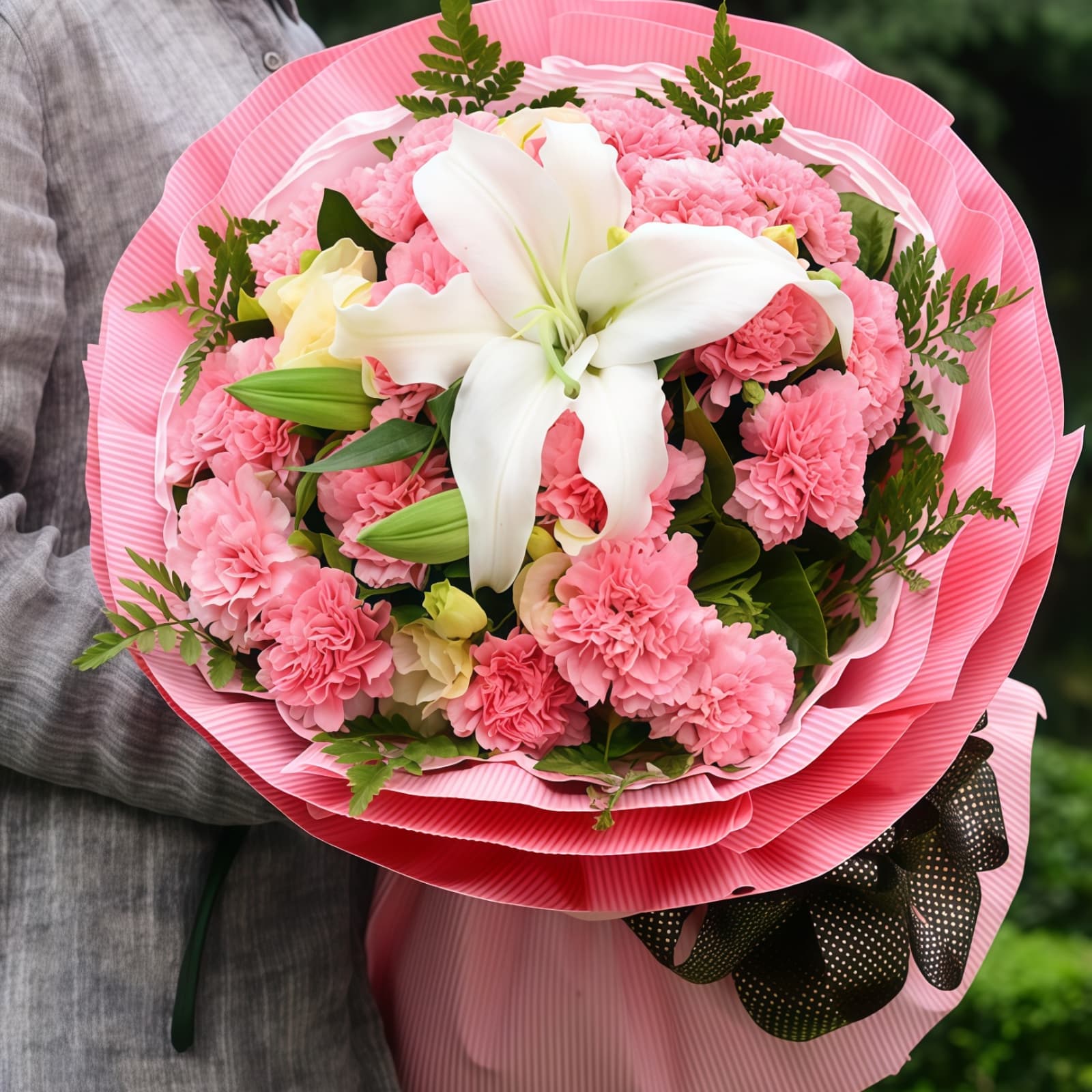 19 Pink Carnations & Lilies Bouquet – Gentle Affection – 1 19 Pink Carnations & Lilies Bouquet - Gentle Affection Floral Gift - 1