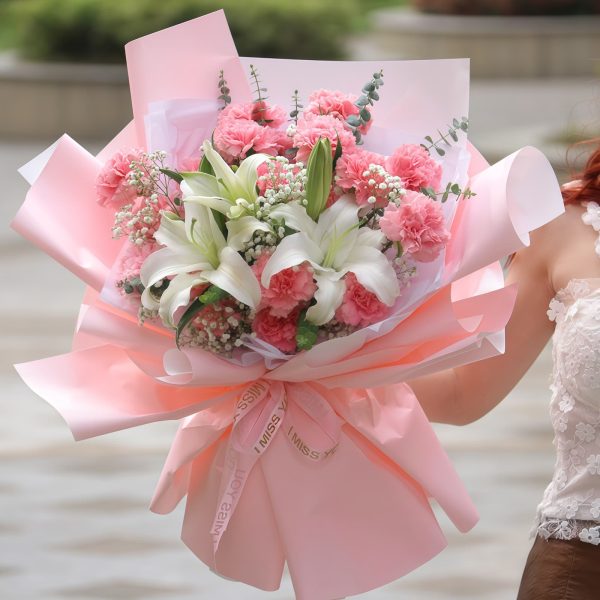简约款 · 康乃馨与百合花束 19 Pink Carnations and 2 Lilies Bouquet - Pure Grace Floral Gift
