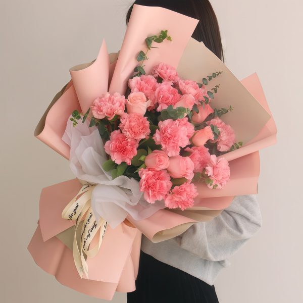 阳光女神 · 康乃馨玫瑰混搭花束 13 Pink Carnations & 6 Roses Bouquet | Radiant Joy Floral Gift