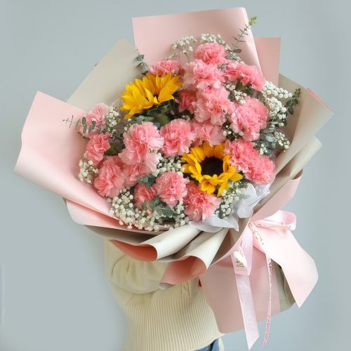 19 Pink Carnations & 2 Sunflowers Bouquet – Pure Joy 19 Pink Carnations & 2 Sunflowers Bouquet - Pure Joy Floral Gift
