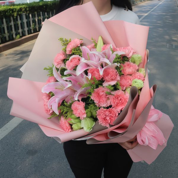 人间四月天 · 康乃馨与百合花束 Pink Carnations & Lilies Bouquet - Spring Serenade Floral Gift