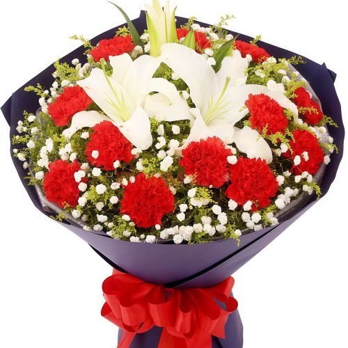 19 Red Carnations & 5 White Lilies Bouquet | Timeless Grace Floral Gift - 1