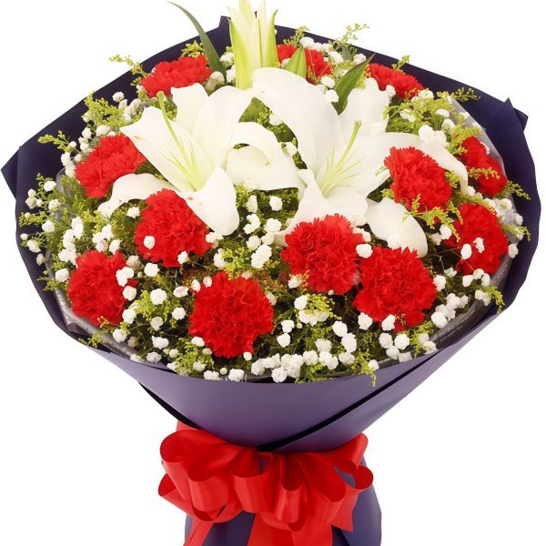 永恒祝福 · 19朵香槟玫瑰花束 19 Red Carnations & 5 White Lilies Bouquet | Timeless Grace Floral Gift - 1