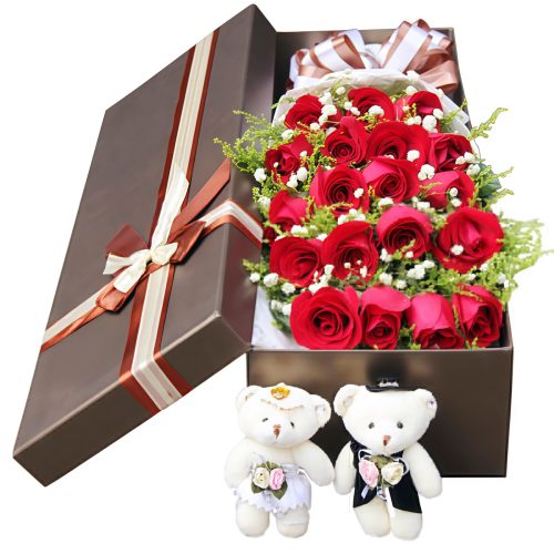 19 Red Roses Gift Box with Bears - Sweet Joy Romantic Bouquet