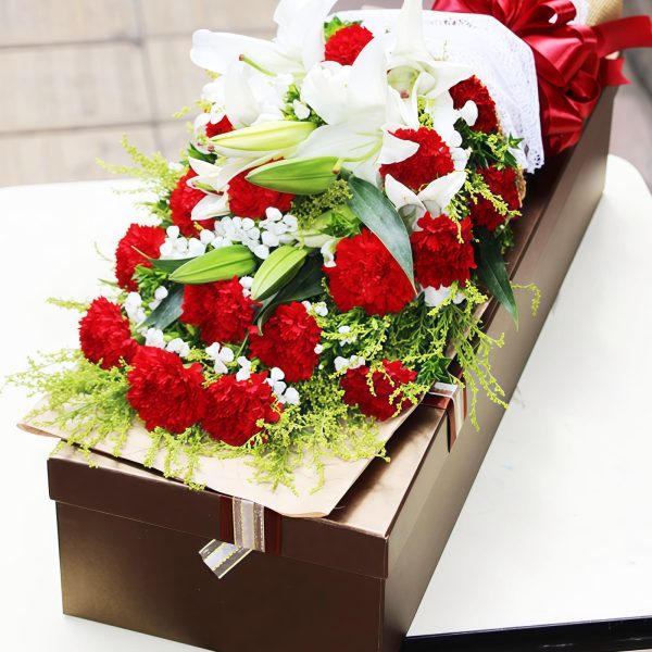 19 Red Carnations & 2 Lilies Gift Box | Timeless Romantic Bouquet