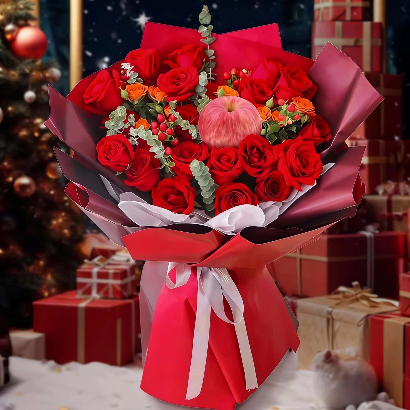 19 Red Roses Bouquet – Festive Radiance 19 Red Roses Bouquet with Festive Apple Charm | Holiday Floral Gift