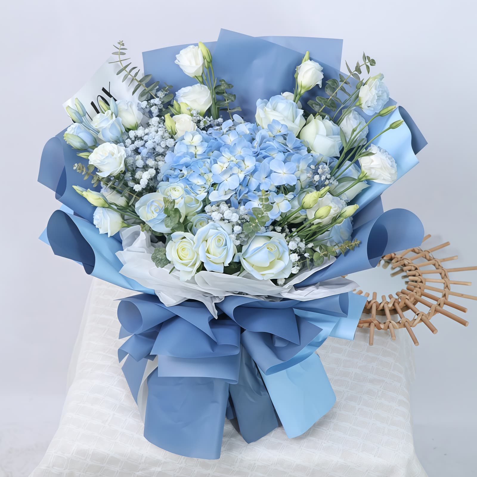 1 Blue Hydrangea & 11 Blue Roses Bouquet – Ocean Breeze Ocean Breeze: Blue Hydrangea & 11 Blue Roses Bouquet