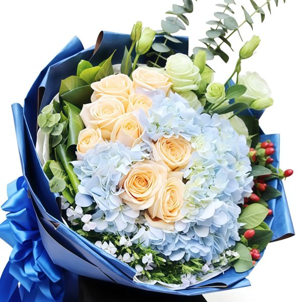 倾城之恋 · 浅蓝绣球与玫瑰花束 9 Roses and Hydrangea Bouquet | Urban Charm Floral Arrangement - 2