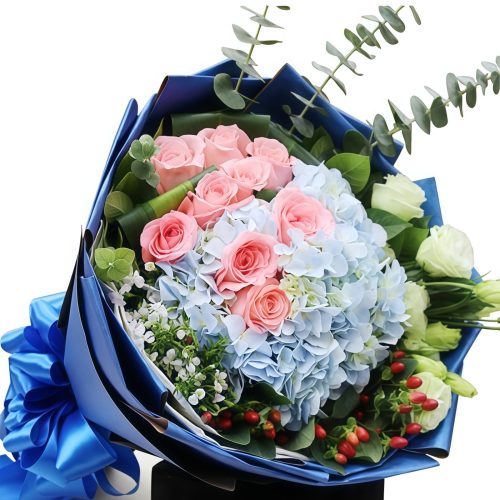 倾城之恋 · 浅蓝绣球与玫瑰花束 9 Roses and Hydrangea Bouquet | Urban Charm Floral Arrangement - 1