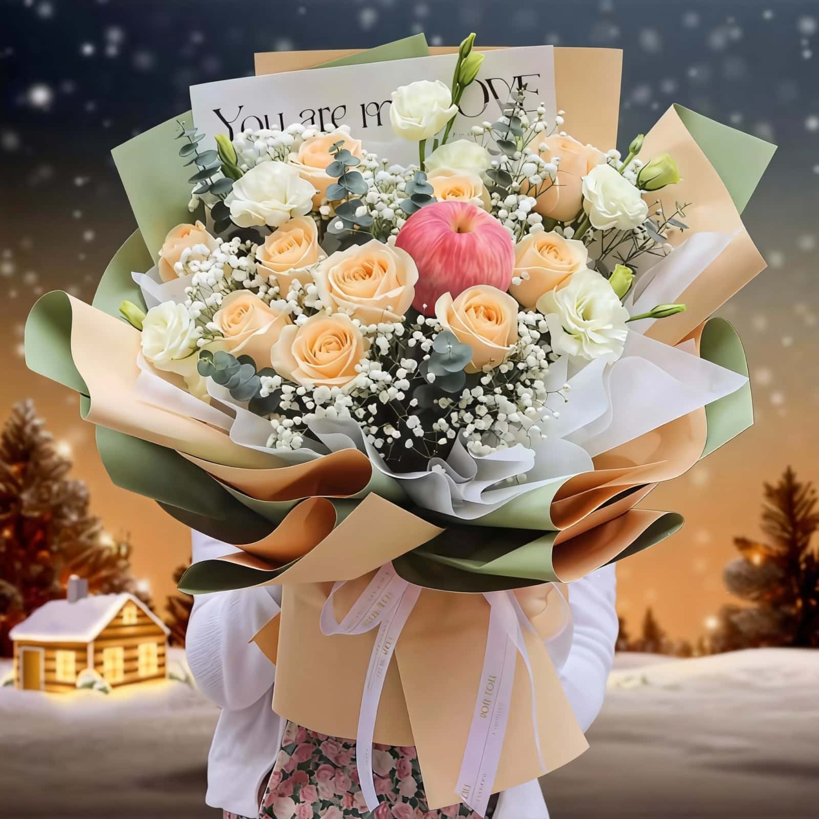 得偿所愿 · 香槟玫瑰苹果花束 11 Champagne Rose Apple Bouquet | Elegant Floral Gift