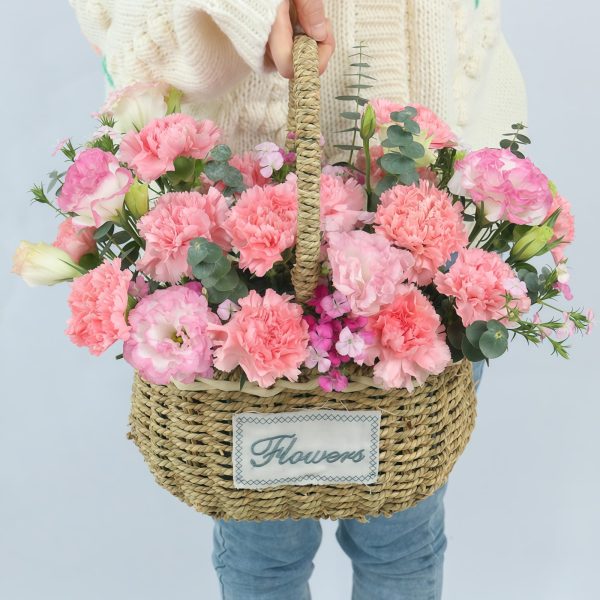 母亲节热卖款 · 康乃馨手提花篮 19 Pink Carnations Basket - Tender Love | Elegant Mother's Day Gift