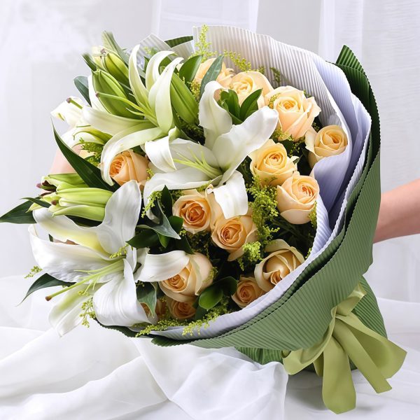 3 White Lilies & 19 Champagne Roses Bouquet | Sweet Encounter Flower Gift - 1