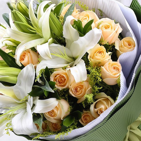 3 White Lilies & 19 Champagne Roses Bouquet | Sweet Encounter Flower Gift - 2
