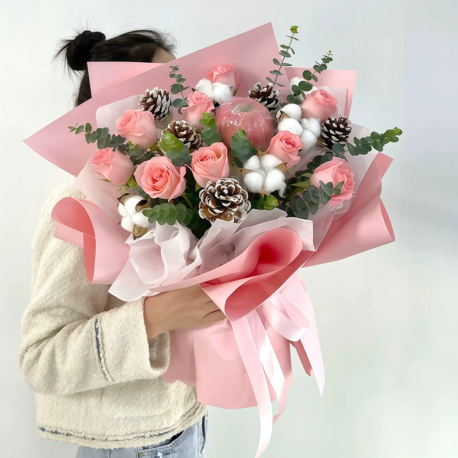 11 Pink Rose & Apple Bouquet - Evening Glow | Romantic Gift