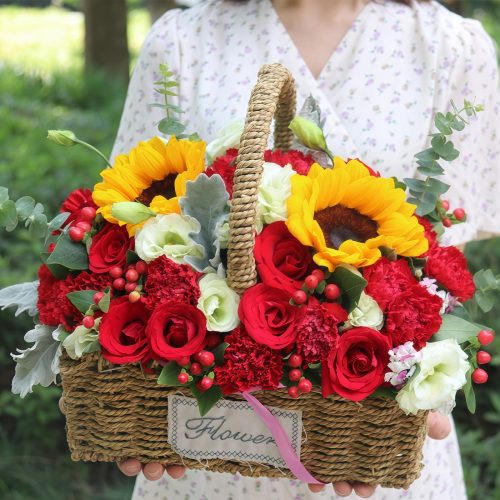2 Sunflowers & 23 Roses Carnations Basket – Eternal Spring Eternal Spring: Sunflower, Rose & Carnation Flower Basket