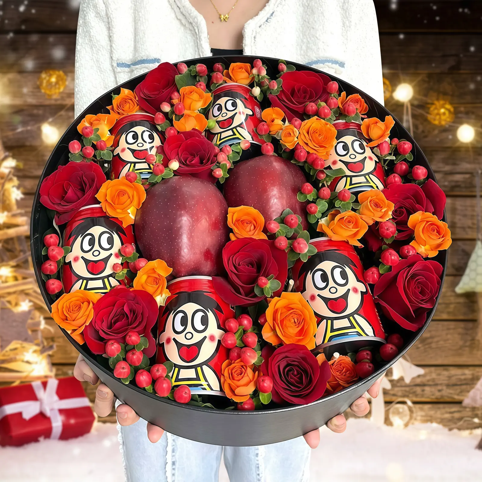 9 Red Rose Gift Box – Festive Delight 9 Red Rose Gift Box - Festive Floral & Fruit Celebration Set