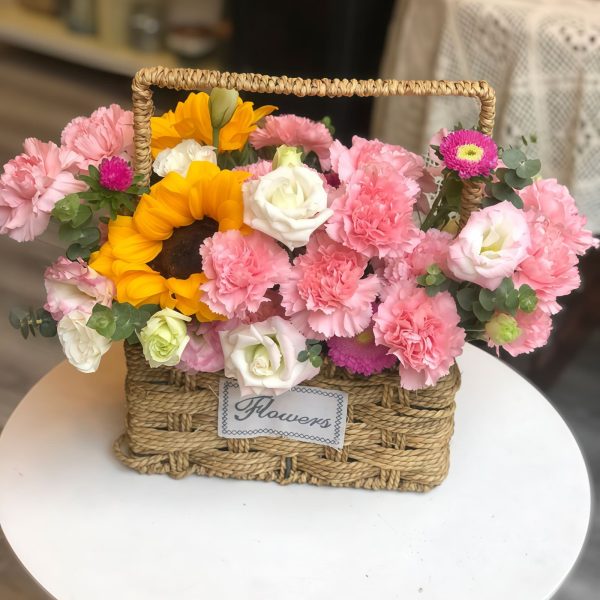 Sunflowers & Pink Carnations Basket - Heartfelt Floral Arrangement