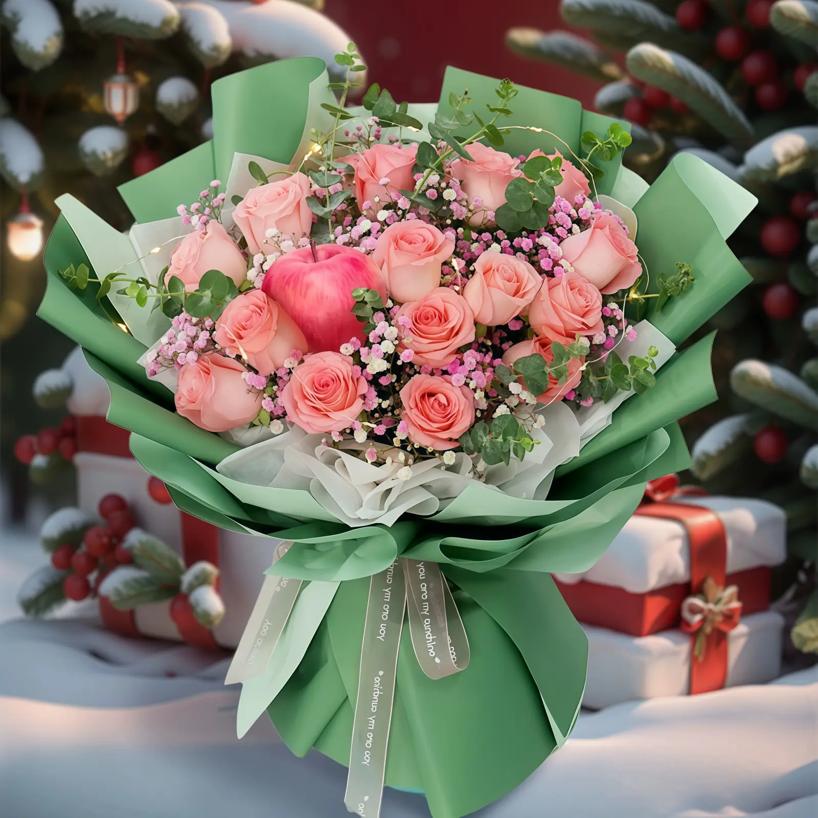 19 Pink Rose Apple Bouquet – Serene Joy 19 Pink Rose & Apple Bouquet - Serene Joy | Festive Floral Gift
