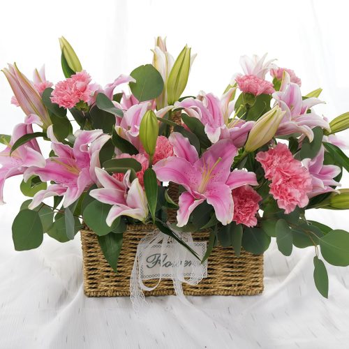 16 Pink Lilies & 8 Carnations Basket – Pink Bliss Pink Bliss: 16 Pink Lilies & 8 Carnations Flower Basket