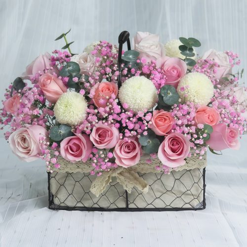 21 Roses 3 Ping Pong Daisies Basket – Heartfelt Thanks 21 Pink Roses & Ping Pong Daisies Basket | Heartfelt Floral Gift