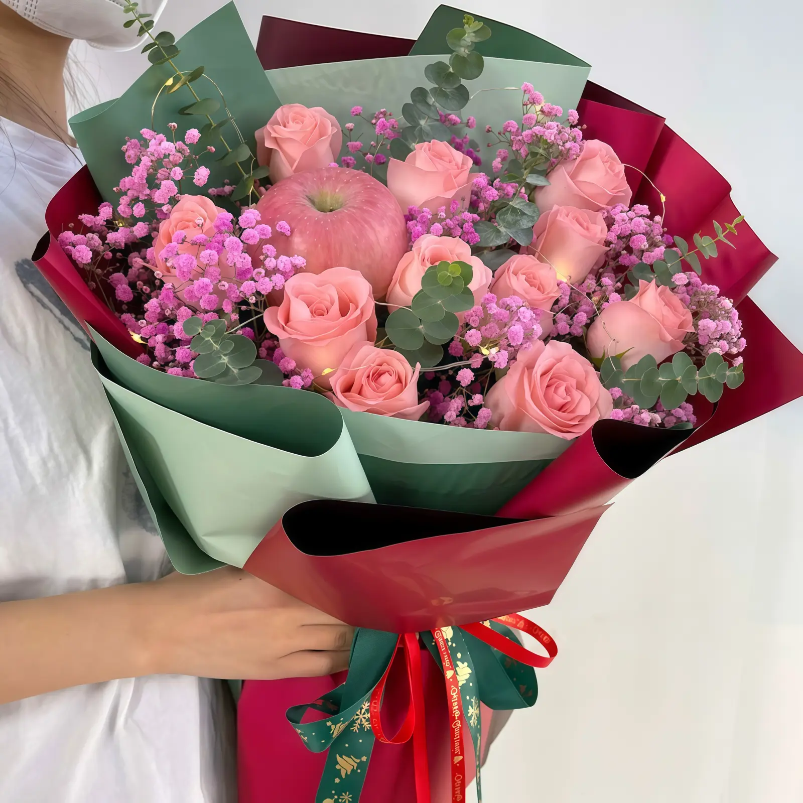 11 Pink Rose Apple Bouquet - Elegant Floral & Fruit Gift
