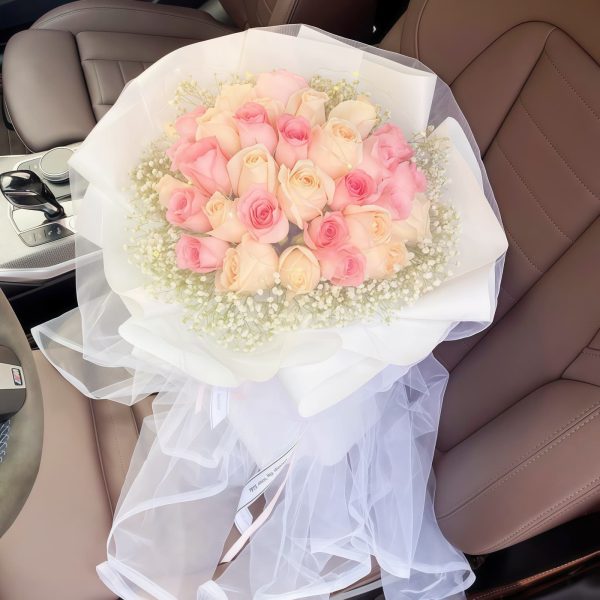 29 Mixed Roses Bouquet - Romantic Blush Pink & Peach Flowers