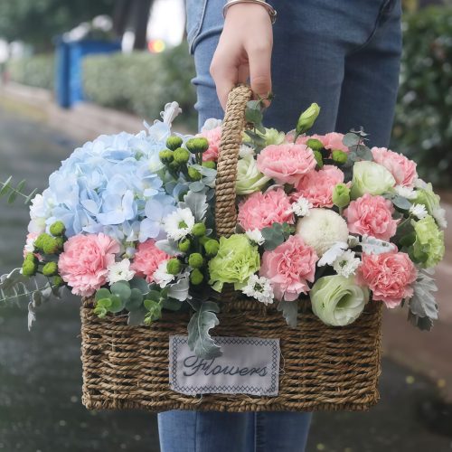 16 Carnations 1 Hydrangea Basket – Deep Gratitude 16 Carnations & 1 Hydrangea Basket | Deep Gratitude Flower Arrangement