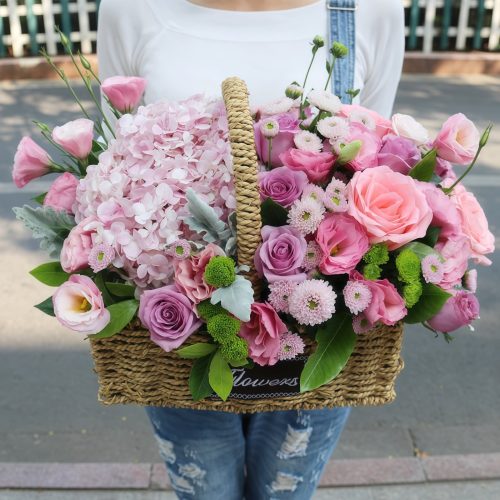 1 Hydrangea 19 Roses Eustoma Basket – Romantic Melody Romantic Melody: Hydrangea, Rose & Eustoma Floral Basket