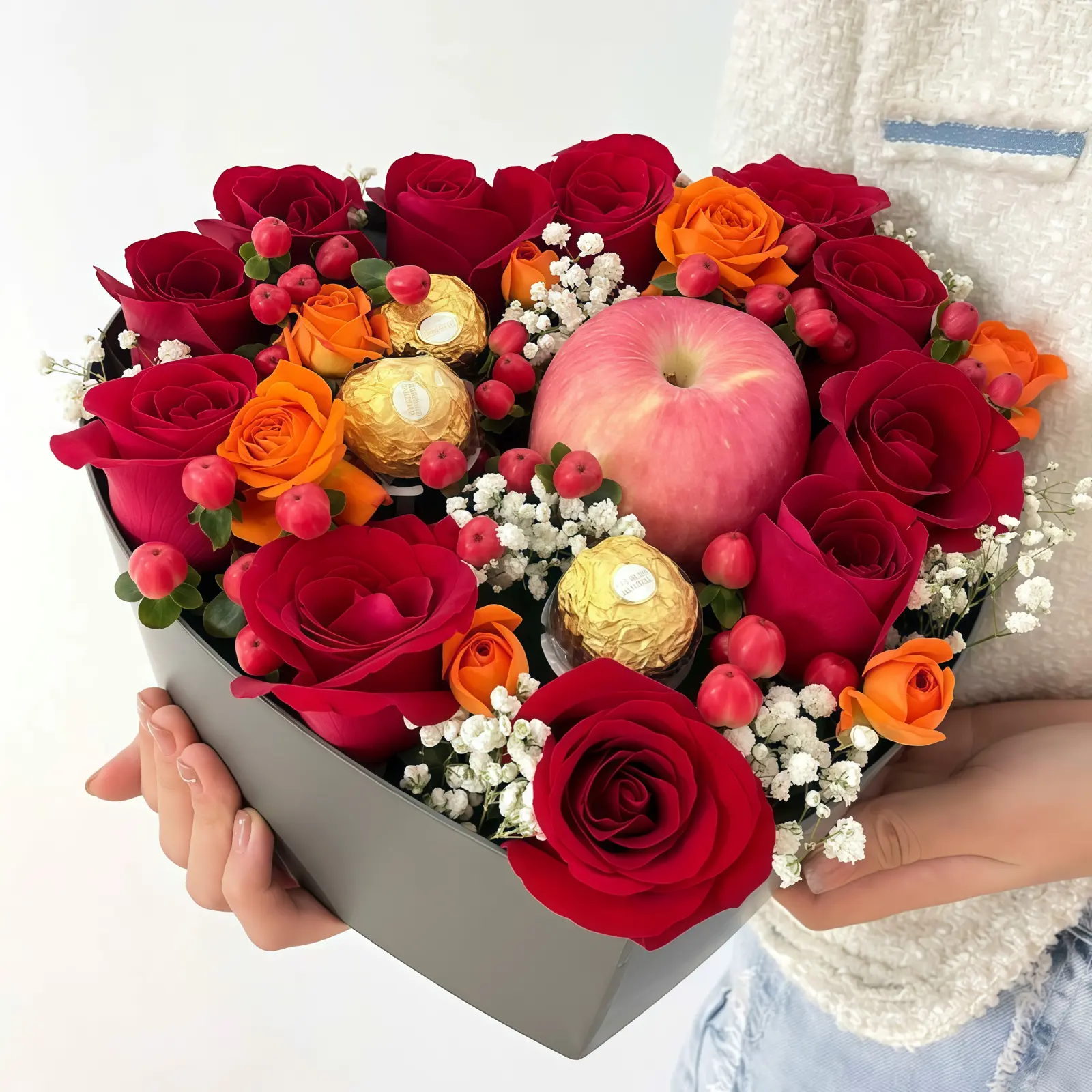 11 Rose Heart-Shaped Gift Box – Sweet Celebration 11 Rose Heart-Shaped Gift Box with Chocolates & Fresh Apples