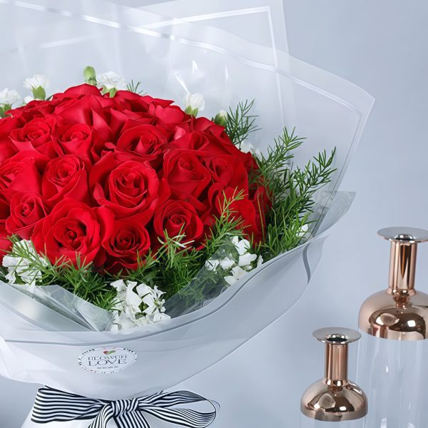 33 Red Roses and Dianthus Bouquet - Wonderful Memories Floral Gift - 4