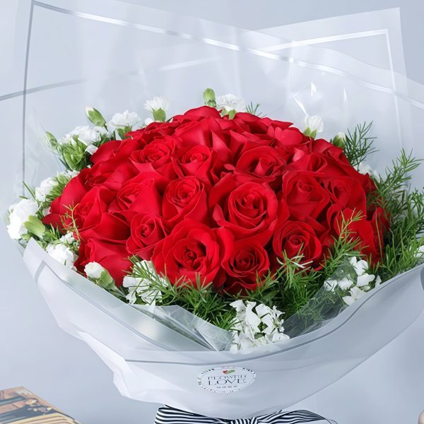 33 Red Roses and Dianthus Bouquet - Wonderful Memories Floral Gift - 3