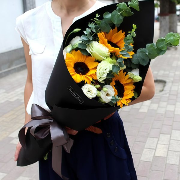 3 Sunflowers and Green Eustoma Bouquet - Morning Radiance