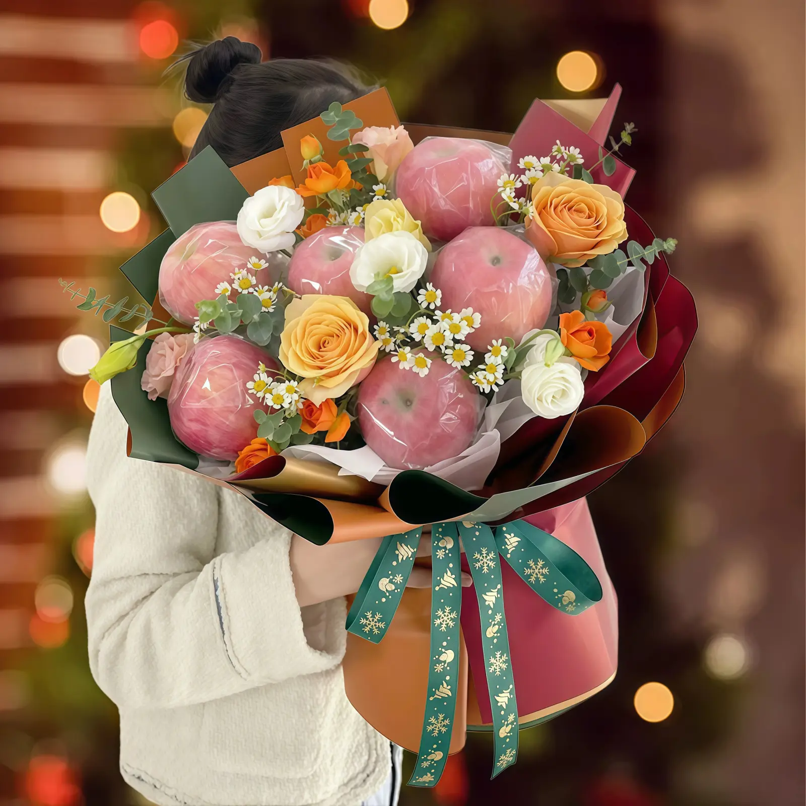 6 Apple 2 Rose Bouquet – Warm Wishes 6 Apple 2 Rose Bouquet - Warm Wishes | Unique Fruit & Flower Gift
