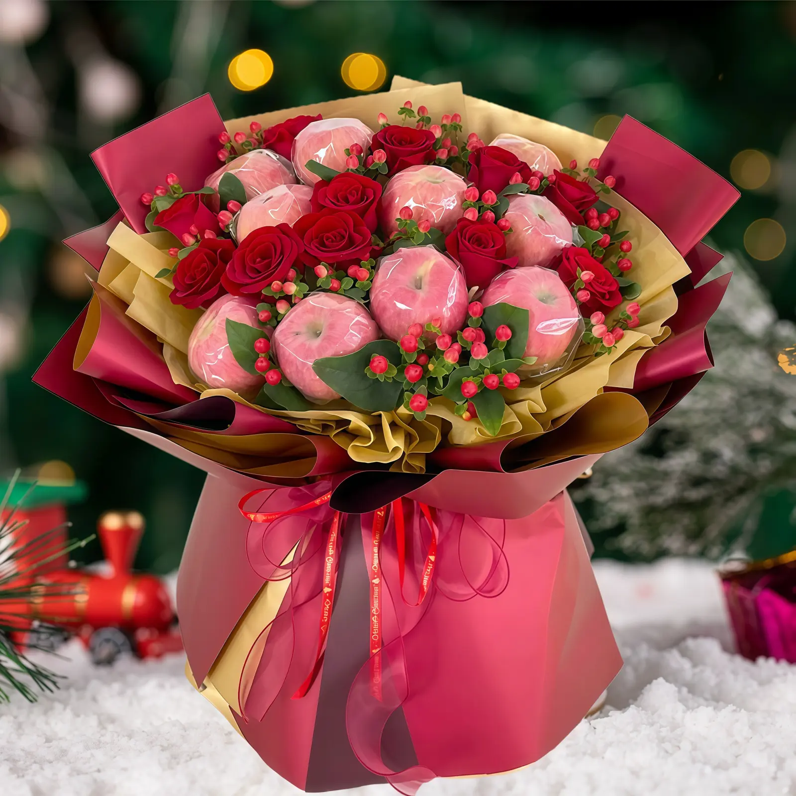 平安圣诞 · 苹果与玫瑰组合花束 Crimson Peace: 10 Red Rose & Apple Bouquet | Unique Festive Gift