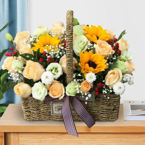 3 Sunflowers 21 Roses Flower Basket – Golden Wishes 3 Sunflowers & 21 Roses Flower Basket - Golden Wishes Bouquet