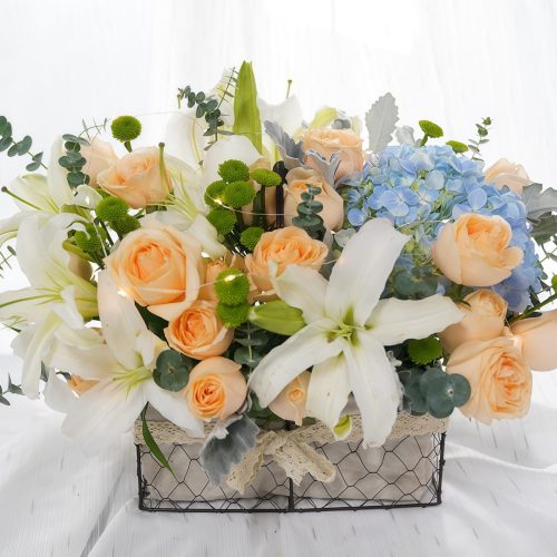 Champagne Rose Basket – Golden Splendor Champagne Rose Basket - Golden Splendor Floral Arrangement