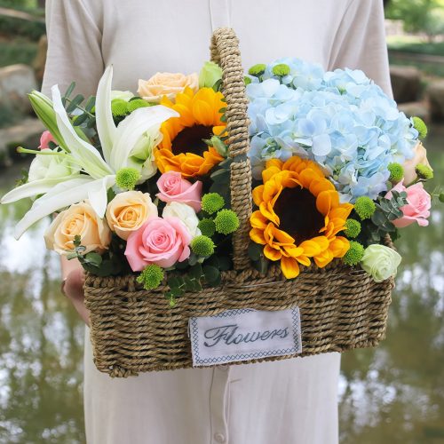 Mixed Flower Basket – Timeless Elegance Mixed Flower Basket - Timeless Elegance with Roses & Sunflowers