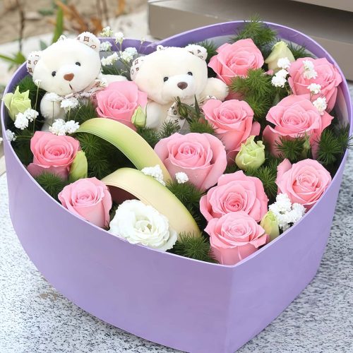11 Pink Roses Bouquet with Teddy Bears | Playful Delight Gift Set