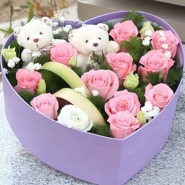 朝朝暮暮 · 粉玫瑰花束含玩偶 11 Pink Roses Bouquet with Teddy Bears | Playful Delight Gift Set