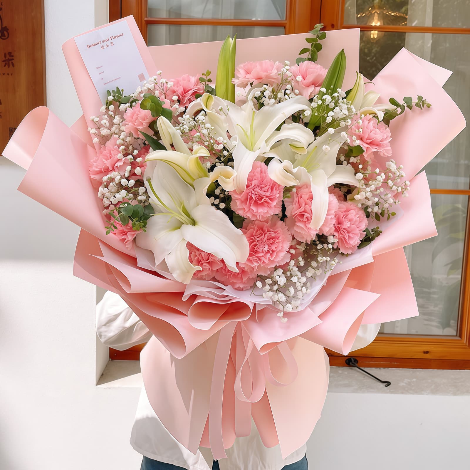 16 Pink Carnations and 2 White Lilies Bouquet – Sweet Tenderness 16 Pink Carnations & 2 White Lilies Bouquet - Sweet Tenderness