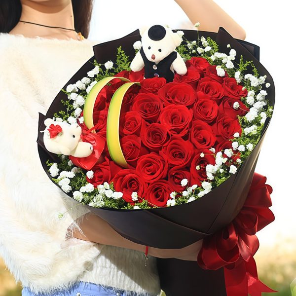 鹊桥恋 · 红玫瑰花束含玩偶 33 Red Roses Bouquet with 2 Bears - Eternal Devotion Gift Set