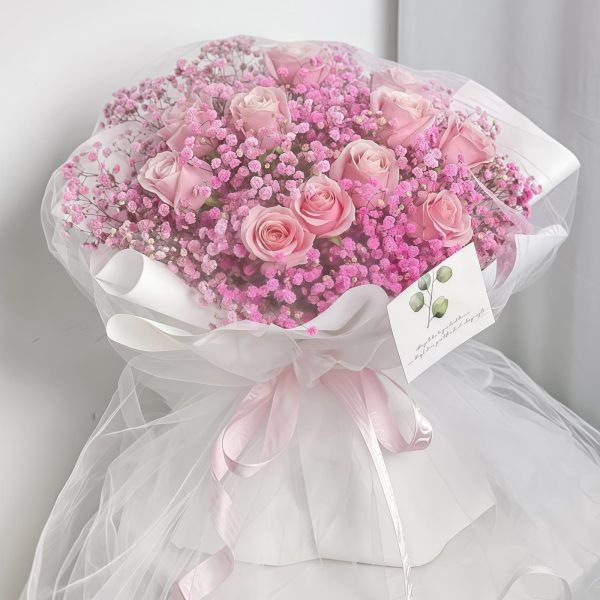 久橙池漾 · 玫瑰与粉色满天星花束 11 Pink Roses Bouquet - Gentle Grace | Romantic Floral Gift