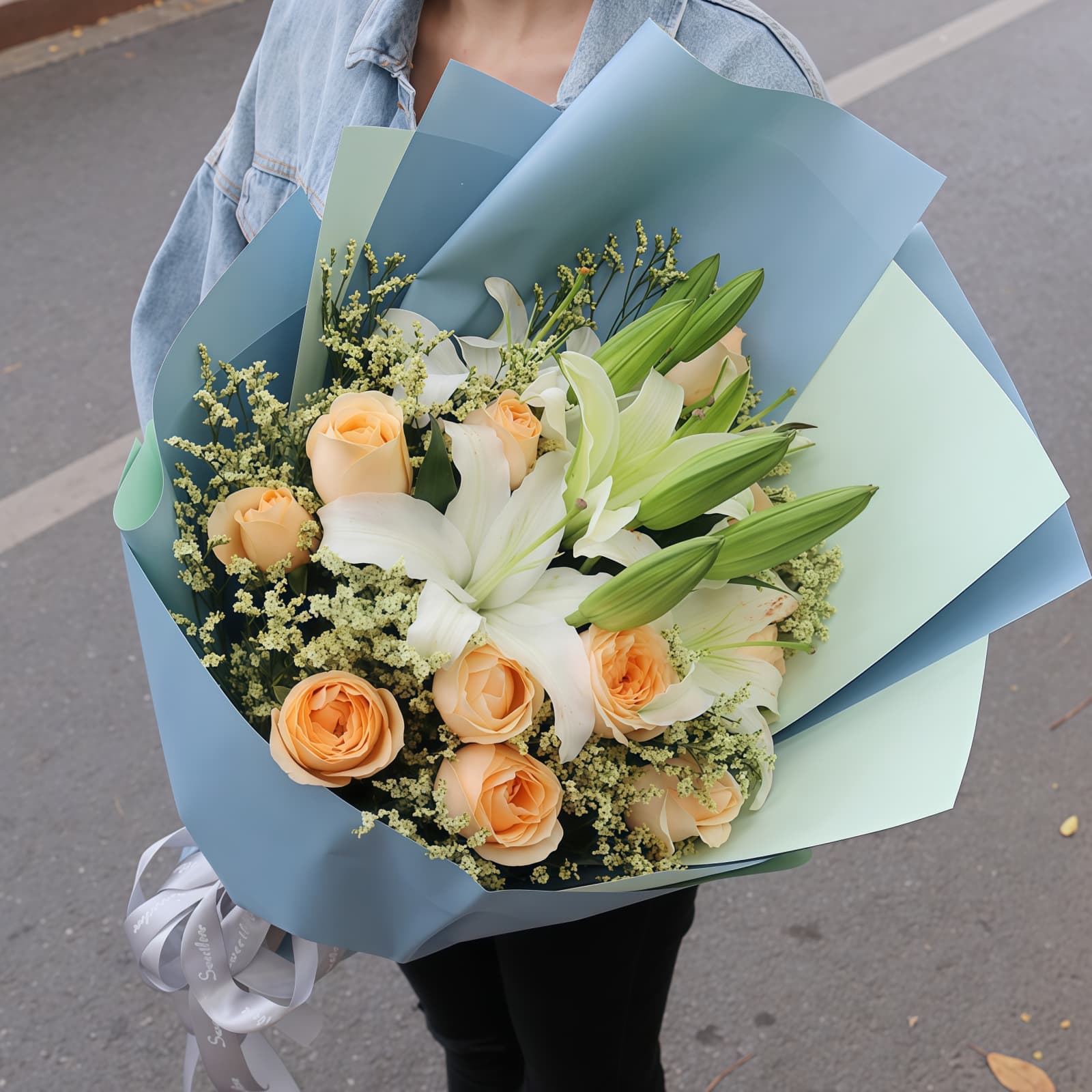 11 Champagne Roses and 2 White Lilies Bouquet – Serene Mind 11 Champagne Roses & 2 White Lilies Bouquet | Elegant Floral Gift