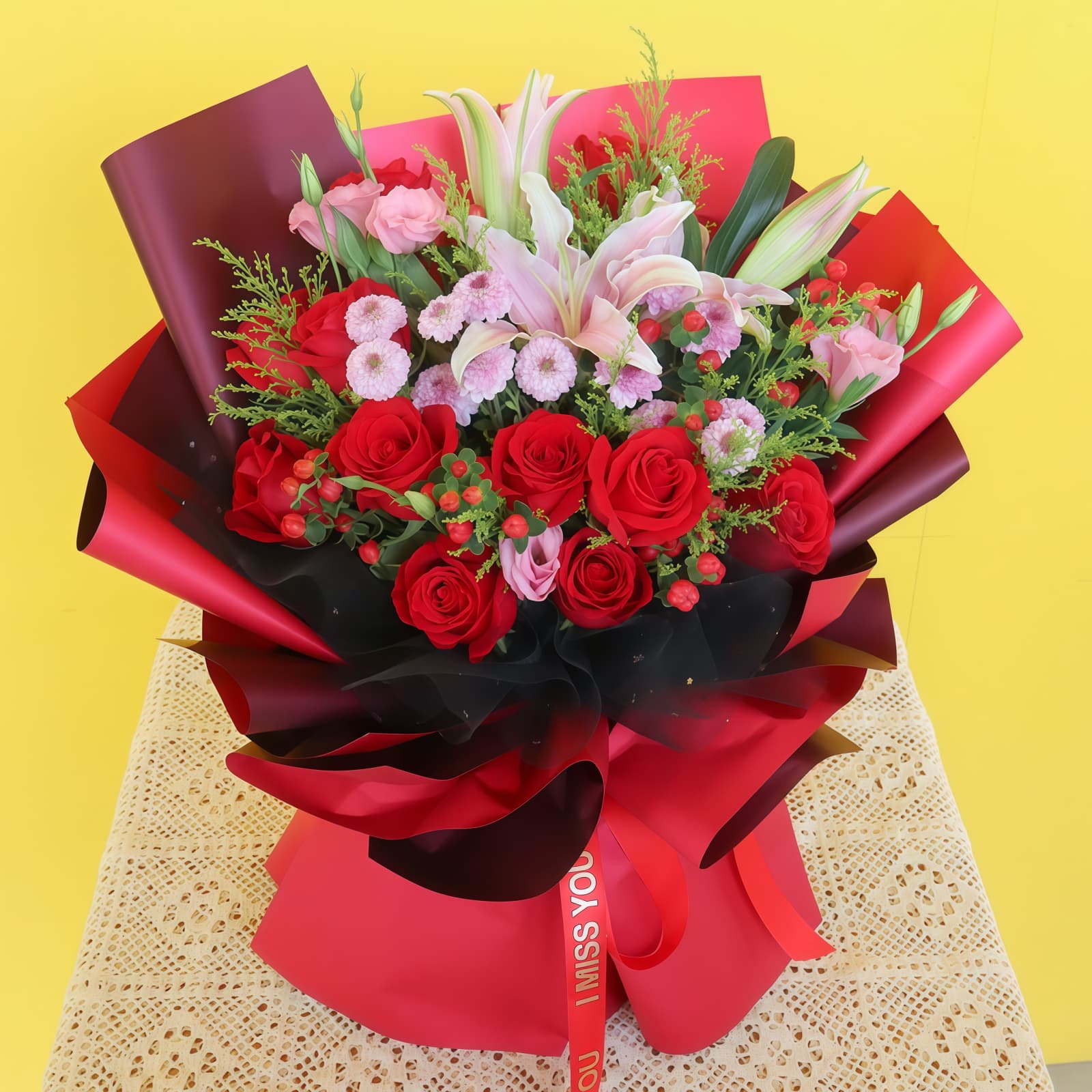 11 Red Roses and 2 Lilies Bouquet - Peaceful Grace | Elegant Floral Gift