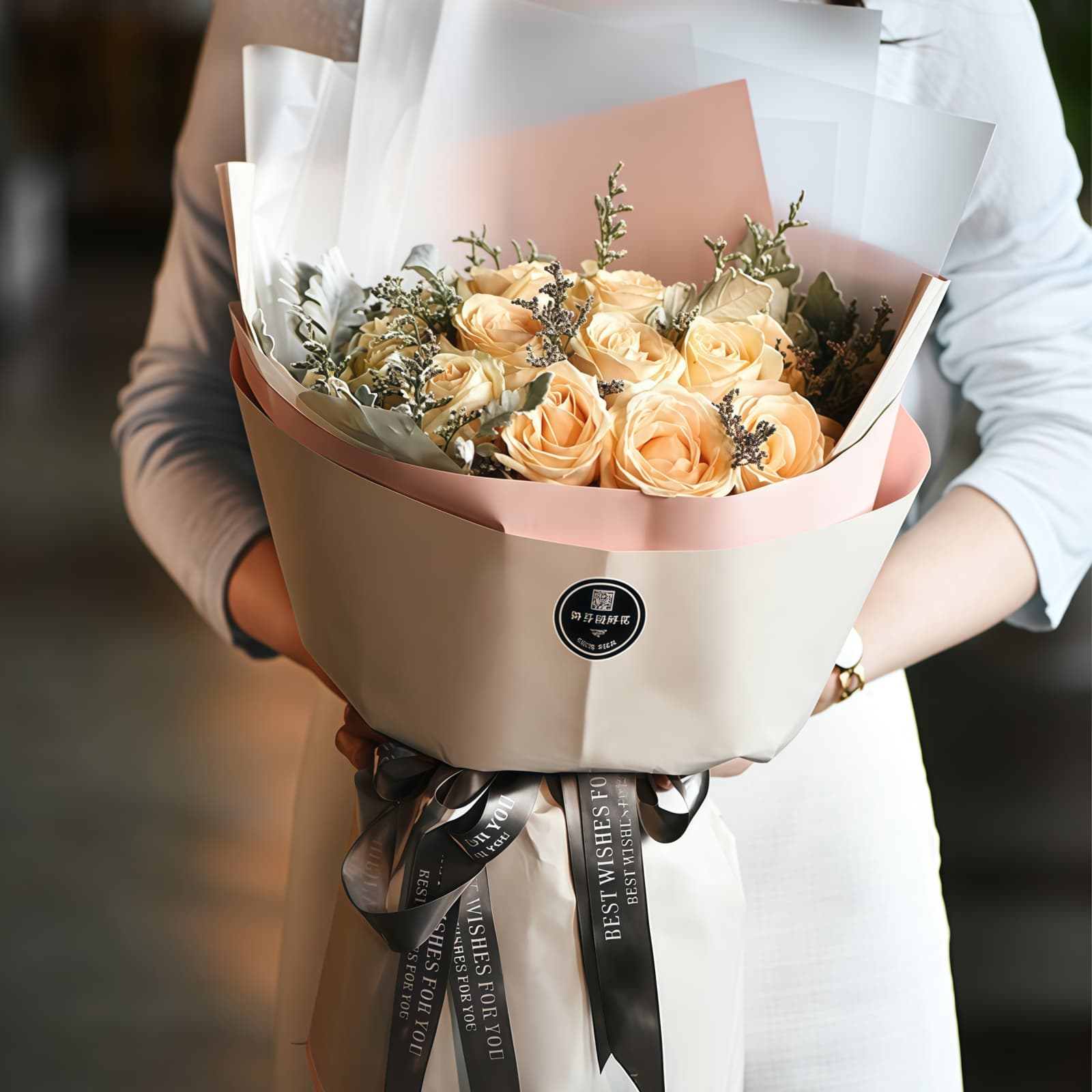 天天天晴 · 香槟玫瑰与银叶菊搭配 19 Champagne Roses Bouquet - Pure Affection | Elegant Floral Gift - 3