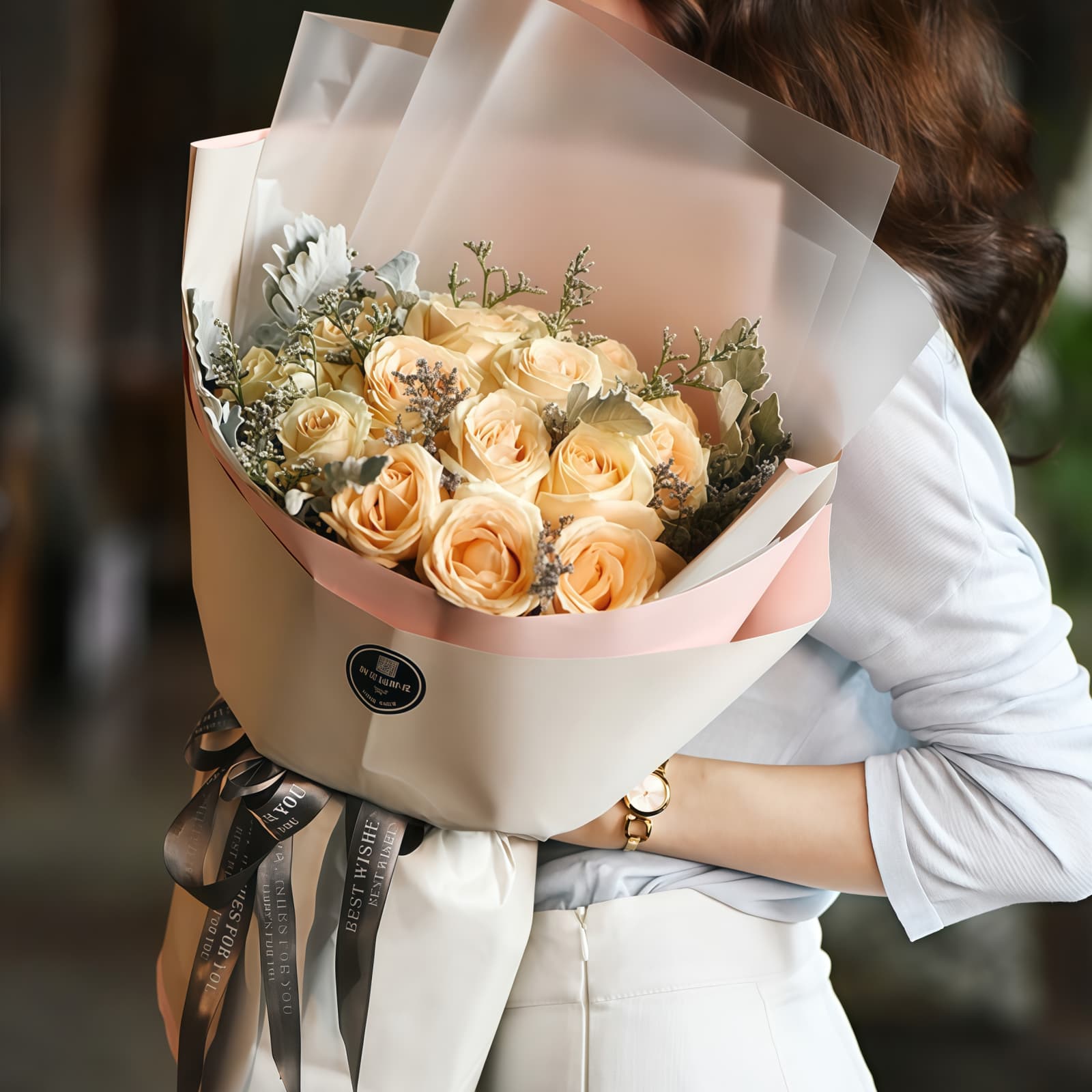 天天天晴 · 香槟玫瑰与银叶菊搭配 19 Champagne Roses Bouquet - Pure Affection | Elegant Floral Gift - 5